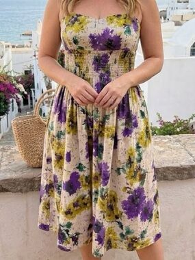 Smocked 100% Cotton Floral Midi Dress in Cream with Purple & Yellow Blooms